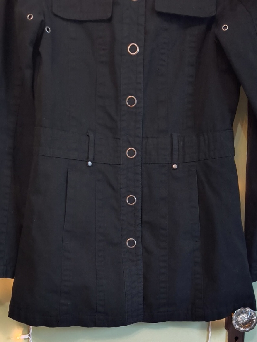 Women's Coffee Shop Red Mid Length Black Snap Button Mockneck Coat S - Picture 7 of 17